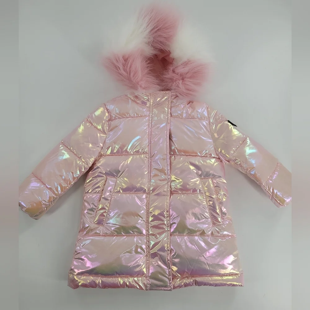 Sam Edelman Girls' Iridescent Winter Puffer Coat - Faux Fur Hood Size 2T‎